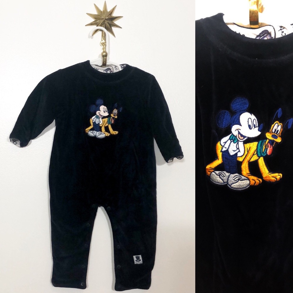 Mickey and Pluto blue velour snap onesie